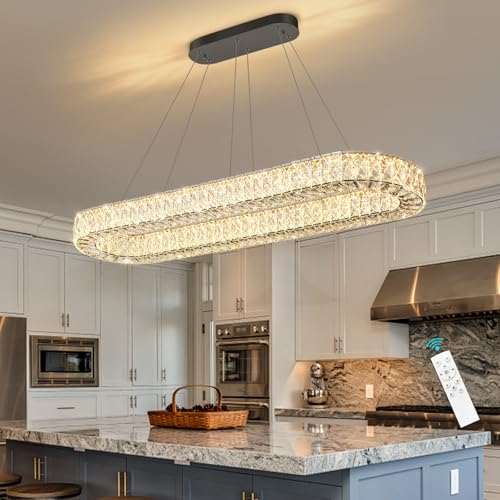 Modern Oval Chandelier Rectangular K9 Crystal Chandeliers for Dining Room Dimmable LED Light Fixture with Remote for Living Room Kitchen Light Black