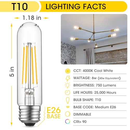 Tubular Light Bulb 6W Equal E26 LED Bulb 60 Watt Dimmable Cool White 4000K E26 Edison Bulb AC120V 750LM T9 T10 LED Bulb for Rustic Pendant (4 Count)
