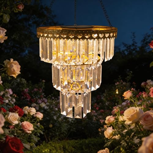 Solar Hanging Crystal Chandelier Vintage Outdoor Garden Decor Light