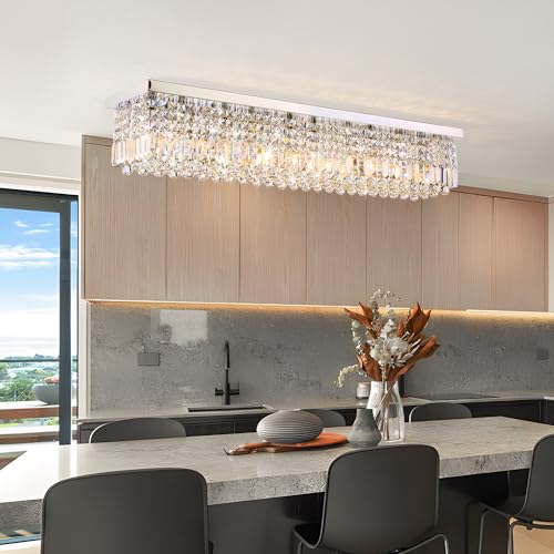 12 Lights Crystal Chandeliers Modern Crystal Rectangular Flush Mount Chandelier with Raindrop Crystals Pendant Light Fixture for Dining Dining Room Kitchen Dining Room Bedroom Bathroom Hotel