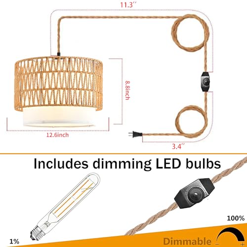 Boho Plug in Pendant Light Rattan Hanging Lights with Plug in Cord (White-circular column / 12)
