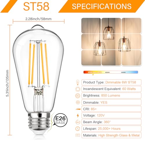 Dimmable Vintage LED Edison Bulbs 60W Equivalent 6W 850 Lumens (12 Count)