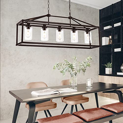 Industrial Rustic Farmhouse Chandelier 5 Light Modern Rectangle Dining Room Light Fixture Hanging Oil Rubbed Bronze Kitchen Island Cage Pendant Lighting with Clear Glass Shade for Hallway Bar