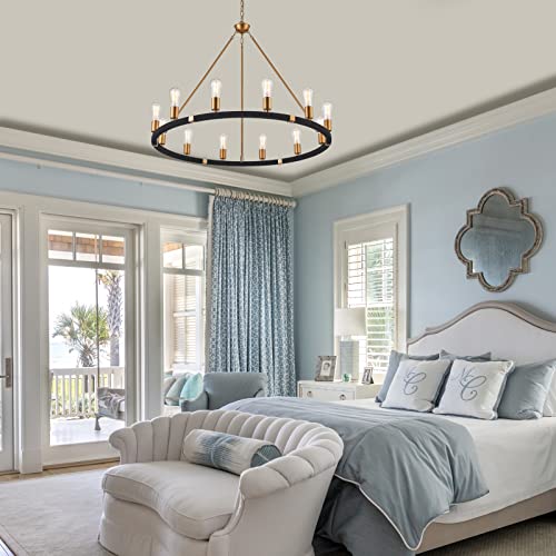 12 Lights Wagon Wheel Chandelier Bohemia Black Hand Woven Rattan Chandelier Farmhouse Large Brass Pendant Light for High Ceilings Living Room Dining Room