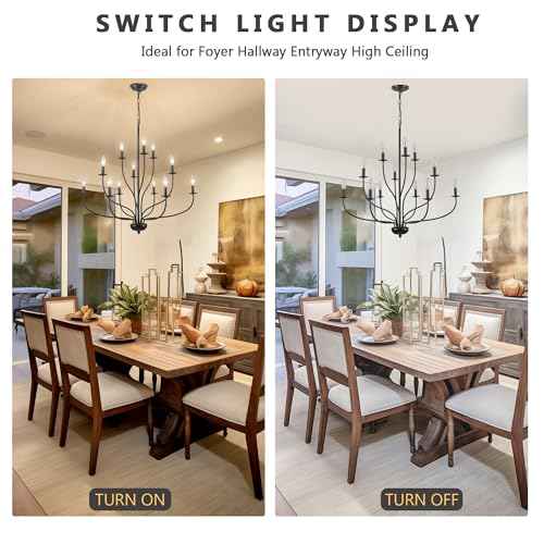Black Chandelier 12 Light, Large Modern Farmhouse Chandeliers for Dining Room, Industrial Candle Pendant Lighting Fixture for Foyer Hallway Entryway High Ceiling, Bedroom, Living Room, Kitchen E12