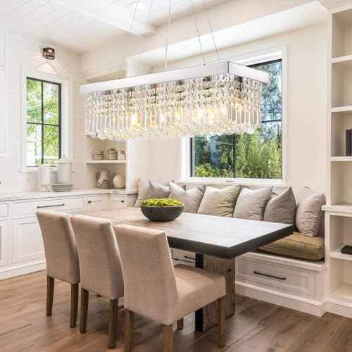 6-Light Modern Crystal Chandelier for Dining Room, Rectangular K9 Crystal Raindrop Chandelier, Rectangle Pendant Ceiling Light Fixture for Living Room Kitchen Island L31.5'' x W10'' x H10''