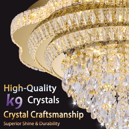 30" Gold Crystal Flush Mount Chandelier Modern LED Ceiling Light Fixture