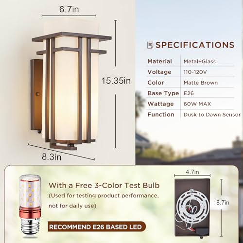 15.35"H Matte Brown Outdoor Wall Light Large Outdoor Wall Lantern Oil Rubbed Bronze Exterior Light Fixture Waterproof Metal with Frosted Glass Sconce Light for Porch Garage Front Door