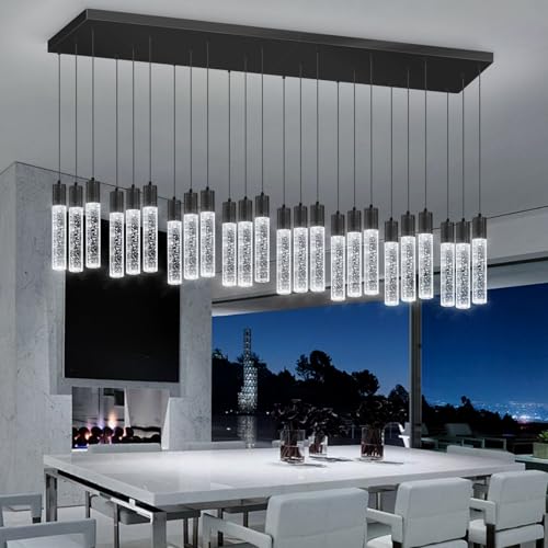 24 Lights Modern Crystal Chandeliers LED Pendant Light for Kitchen Island Dining Room Entrance Foyer Living Room 6000K Black