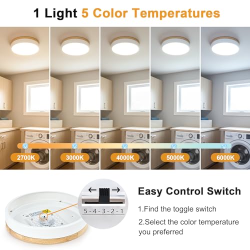 Dimmable LED Wood White Round Flush Mount Ceiling Light 11.81 Inch