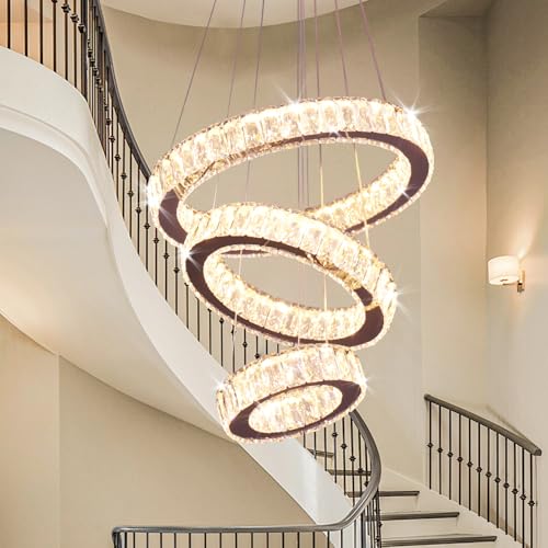 LED Chandeliers Modern 3 Rings Crystal Chandelier Ceiling Light Fixture Height Adjustable and Stainless Steel Pendant Lighting Fixtures for Dining Room Living Room Kitchen