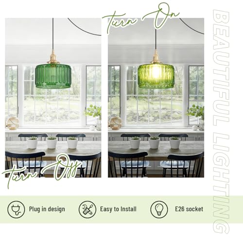 Plug in Pendant Light Green Glass Pendant Lamp Striped Glass Shade Vintage Plug in Ceiling Hanging Lamp 1