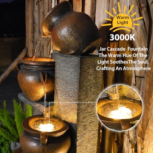 50H Water Fountain Outdoor with 5Tiers Modern Cascading Jar and Stacked Water Fountain with LED Lights for Patio