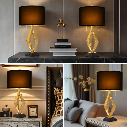 Gold Leaf Finish Table Lamp Set of 2 with USB Ports for Bedroom (2 Count)