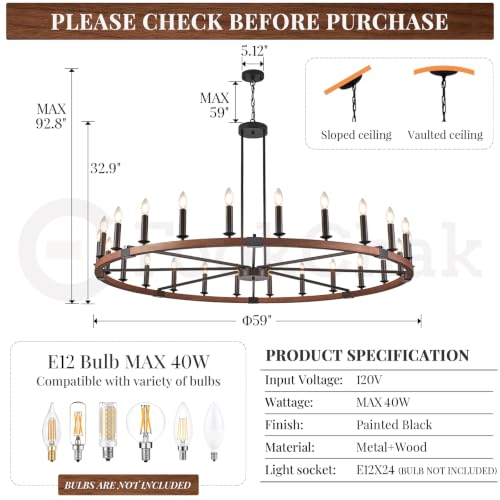 Farmhouse Large Wagon Wheel Chandelier 24 Light Round Wood Chandelier Light
