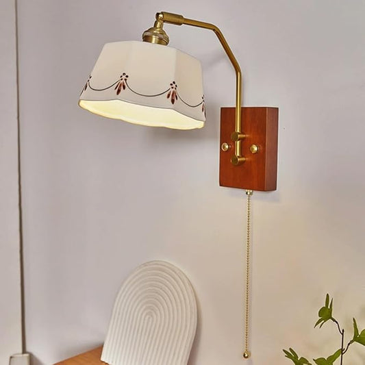 Glazed Ceramics Wall Sconce Nordic Brass Adjustable Bedside Wall Mount Lamp with Pull Chain Switch, Japanese Style Wabi Sabi Walnut Wood Home Decor Lighting Fixture for Bedroom Bedside