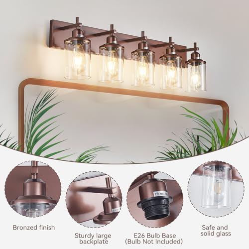 5 Light Bronze Bathroom Light Fixtures Over Mirror