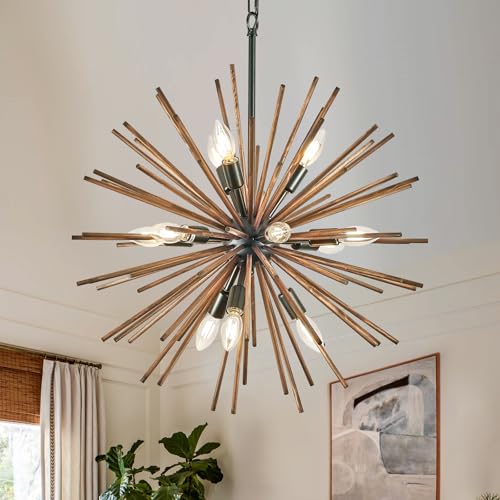 Black Wood Sputnik Chandeliers 12 Light Starburst Light Fixture Solid Wood
