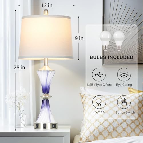 Purple Glass Table Lamp Set of 2 with USB C+A Ports & AC Outlet (2 Count)