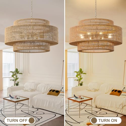 31.5"Large Boho Rattan Farmhouse Chandeliers for Dining Room