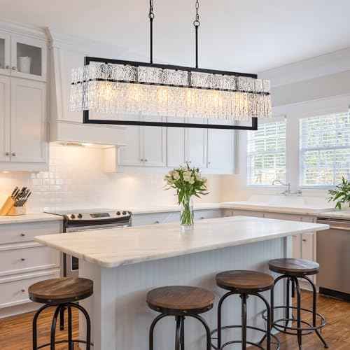 6-Light Black Linear Chandeliers for Dining Room, 42 Inch | Water Ripple Glass, Height Adjustable, E26 Base, Large Black Rectangle Kitchen Island Lighting for Living Room Over Table