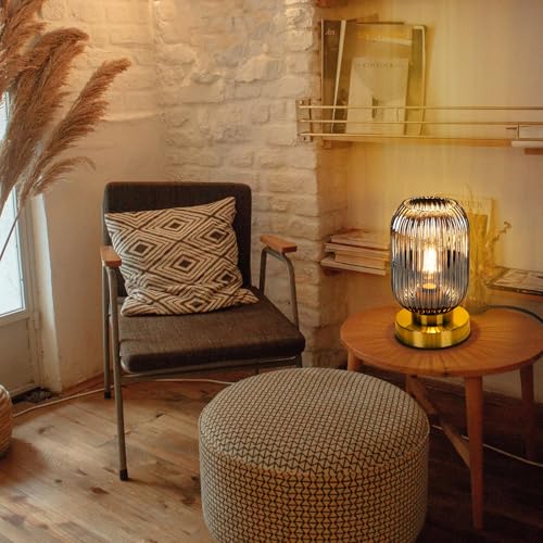 Mid Century Modern Table Lamp with Smoke Grey Ribbed Glass Shade