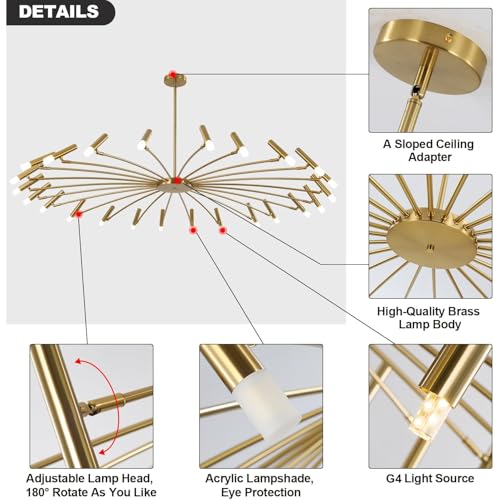 Extra Large Mid Century Modern Sputnik Chandelier Retro Sputnik Ceiling Light Fixture Brushed Brass Gold Chandeliers for Dining Room Living Room Bedroom