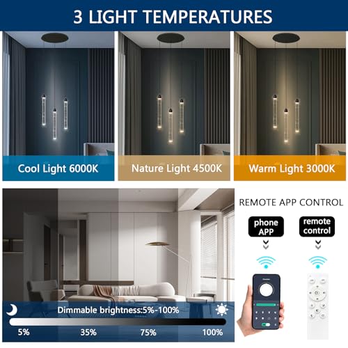 3 Light Black Pendant Lighting Mini Chandelier for Kitchen Island Modern Crystal LED Pendant Light Adjustable Dimmable Pendant Light Fixture for Dinning Room Bedroom Ceiling Hanging Lights 2700K 6000K