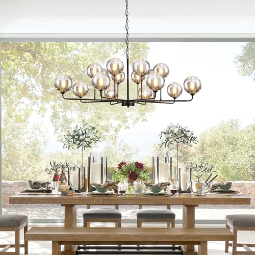 Large Chandeliers for High Ceilings 47.2IN Large Dining Room Chandelier with Smoky Gray Glass Globe Modern Black Chandeliers for Dining Room Large Chandelier Light Fixture for Entryway Living Room