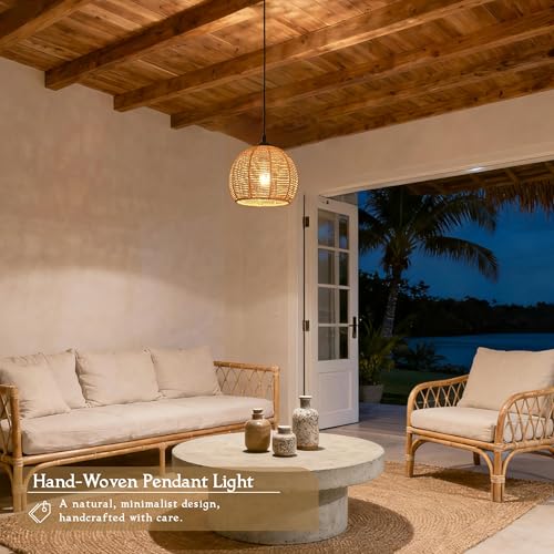 Plug in Mini Hemp Rope Woven Pendant Light Woven Light Fixture Boho Chandelier Wicker Pendant Lights Rattan Plug in Cord Hanging Lights Dome Wicker Chandelier for Bedroom