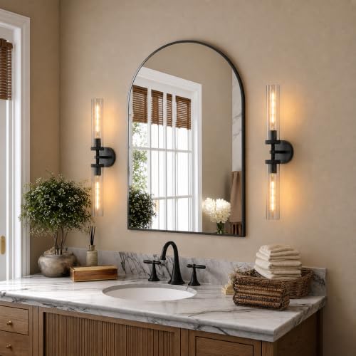 24 inch Bathroom Sconce Linear Glass Sconce Black Wall Sconce Hardwired