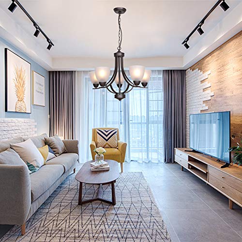 5 Light Shaded Contemporary Chandeliers with Alabaster Glass Oil Rubbed Bronze Modern Light Fixtures Ceiling Hanging Rustic Pendant Lighting for Dining Room Foyer Bedroom Living Room