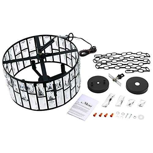 Farmhouse Crystal Convertible Chandelier and Semi Flush Mount Lighting Black Cylinder Drum Shade Pendant for Kitchen Island Dining Room Bedroom Hallway