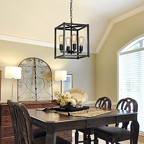 4 Light Farmhouse Chandelier Fixture Rustic Industrial Pendant Lighting Adjustable Height Metal Cage E26 Hanging Lights for Kitchen Island