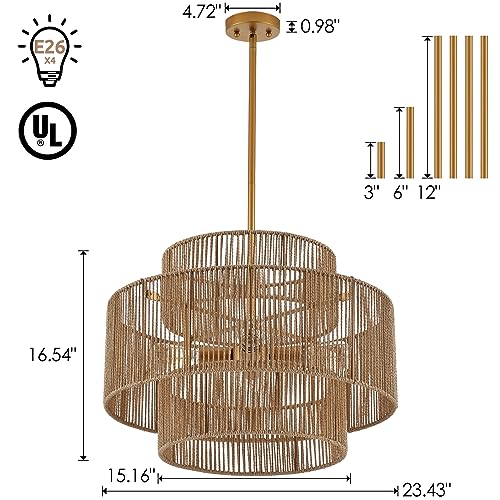 24” Boho Hand Woven Rattan Chandelier 3 Round Adjustable 4