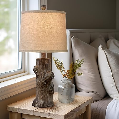 23"Resin Table Lamps for Living Room Set of 2 Country Cottage Farmhouse Lamp for Bedroom Tree Trunk Wood Grain with Oatmeal Fabric Round Shade Vintage Rustic Traditional Nightstand Bedside Lamp