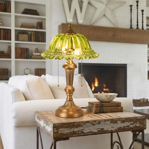 Glass Shade Table Lamp Vintage Metal Desk Lamp 2 Lights Table Light with Plug Switch for Bedroom Living Room Home Office Brass and Green