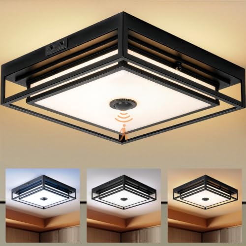 Large LED Motion Sensor Outdoor Ceiling Light 13" Square Flush Mount Lights