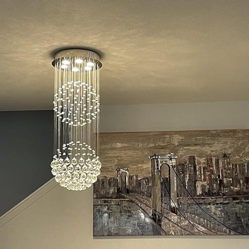 Crystal Modern Chandelier Contemporary 2 Balls Raindrop Crystal Chandelier Flush Mount Cylinder Chandelier Light Fixture Ceiling Lamp for Dining Room Living Room Kitchen Foyer Hallyway Bar