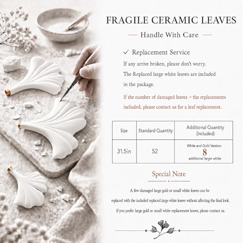 L31.5 Inch Branch Chandelier Ceramic Ginkgo Leaf Chandeliers Brass Hanging Lights Fixtures for Dining Room Living Room Kitchen Island