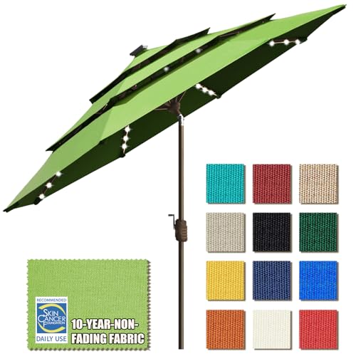 USA 10-Year-Non-Fading 9ft 3-Tier Market Patio Umbrella, Commercial Table Umbrella with 80 Solar LED Lights, Crank Open, Windproof & UPF 50+ UV Protection for Garden, Deck, Pool, Backyard, Macaw Green