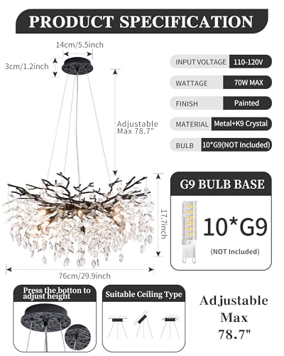 Modern Tree Branch Crystal Chandelier Luxury Black Crystal Pendant Lighting 30" Contemporary 10