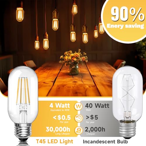 Vintage E26 4W LED Edison Bulbs 40W Equivalent 400 Lumens 2700K Warm White CRI90 T45 Antique LED Bulb Clear Glass 4 Packs for Chandeliers (4 Count)