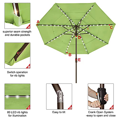 USA 10-Year-Non-Fading 9ft 3-Tier Market Patio Umbrella, Commercial Table Umbrella with 80 Solar LED Lights, Crank Open, Windproof & UPF 50+ UV Protection for Garden, Deck, Pool, Backyard, Macaw Green