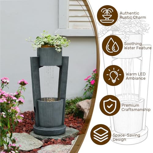 33" H Modern Outdoor Water Fountain Cascading Realistic Rock Waterfall Fountains with LED Lights Outdoor Water Fountain for Garden Patio Backyard Porch Home Decor Gold