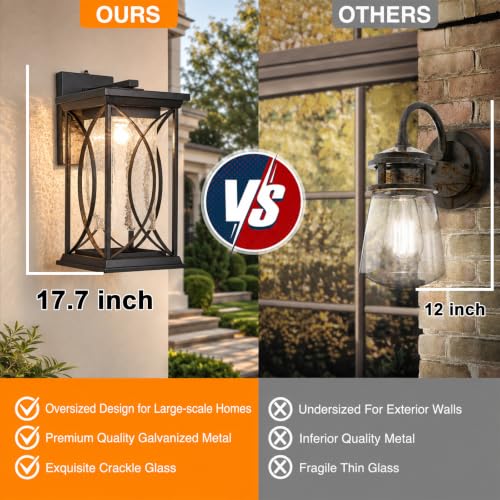 18" Extra Large Outdoor Sconce with photocell Sensor Coach Lantern Modern Large Exterior Light Fixture Waterproof Black Metal with Crack