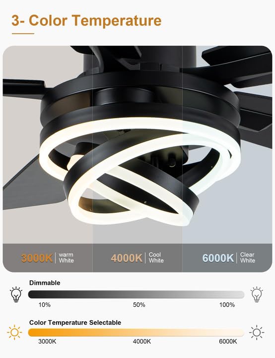52" Black Modern Chandelier Ceiling Fan with Lights