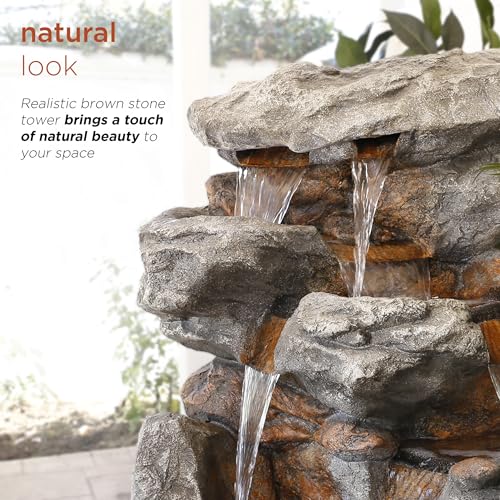 WIN730 Outdoor Floor Tiered Rock Waterfall Fountain with LED Lights and Natural Stone Look