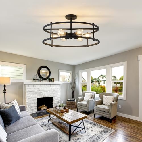 Large Semi Flush Mount Ceiling Light Fixture Black Cage Ceiling Light 6 Light Chandelier for Kitchen Dining Room Entryway Living Room Bedroom Foyer