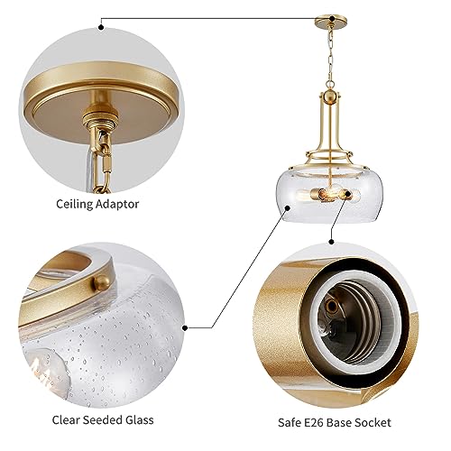 Chandelier Rustic Farmhouse Industrial Round Ceiling Pendant LED Light Fixture Clear Seeded Glass Shade for Dining Room Kitchen Island Foyer Entryway